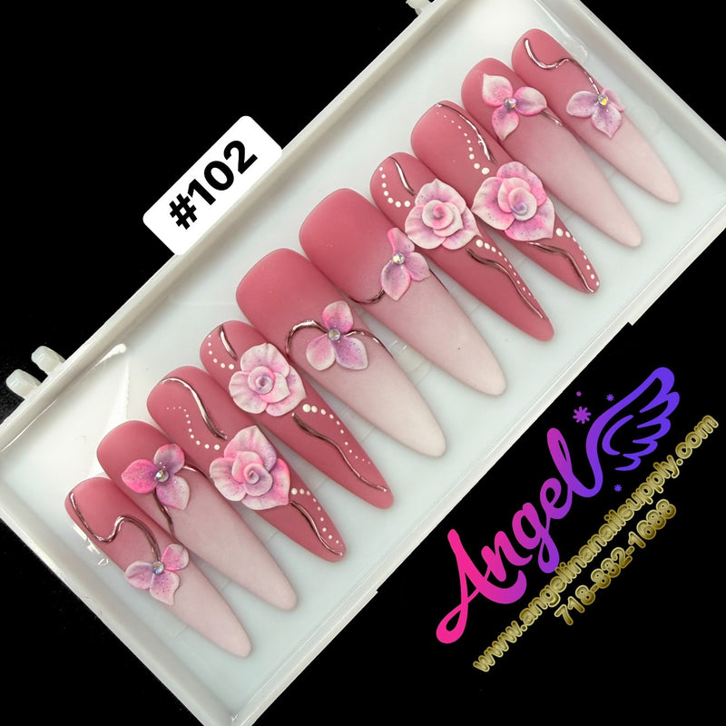 Angelina Handmade Custom Press-On Long Nail Design #102 - Pink Petal Dream