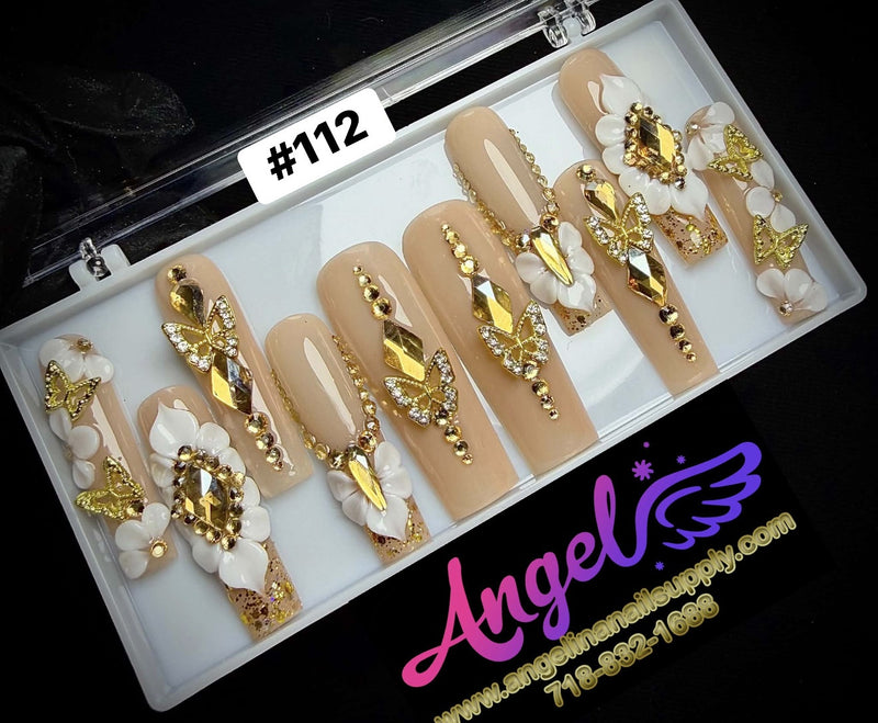Angelina Handmade Custom Press-On Long Nail Design #112 - Golden Butterfly Garden