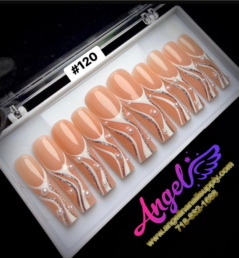 Angelina Handmade Custom Press-On Long Nail Design #120 - Pearl Waves