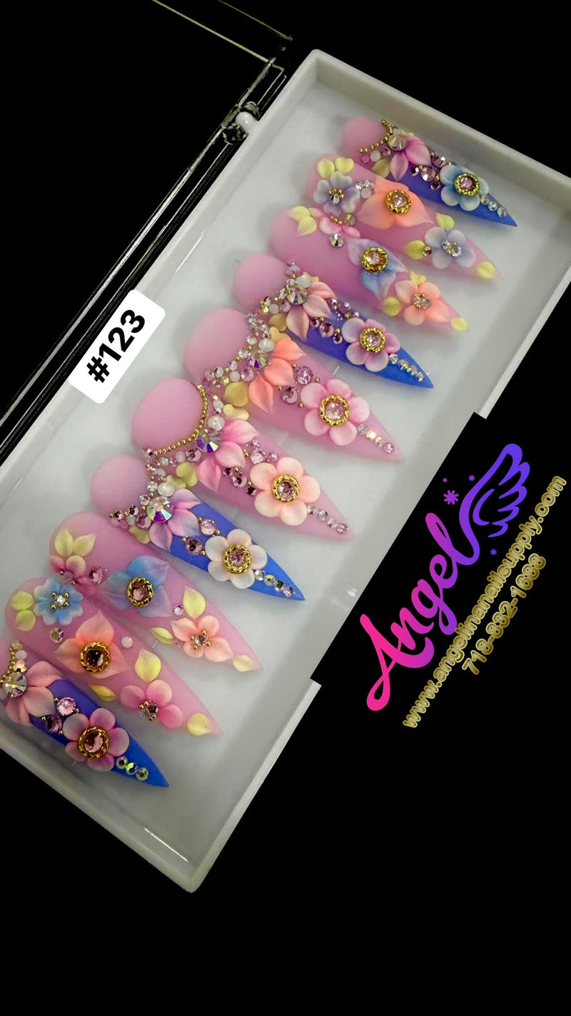 Angelina Handmade Custom Press-On Long Nail Design #123 - Garden of Dreams