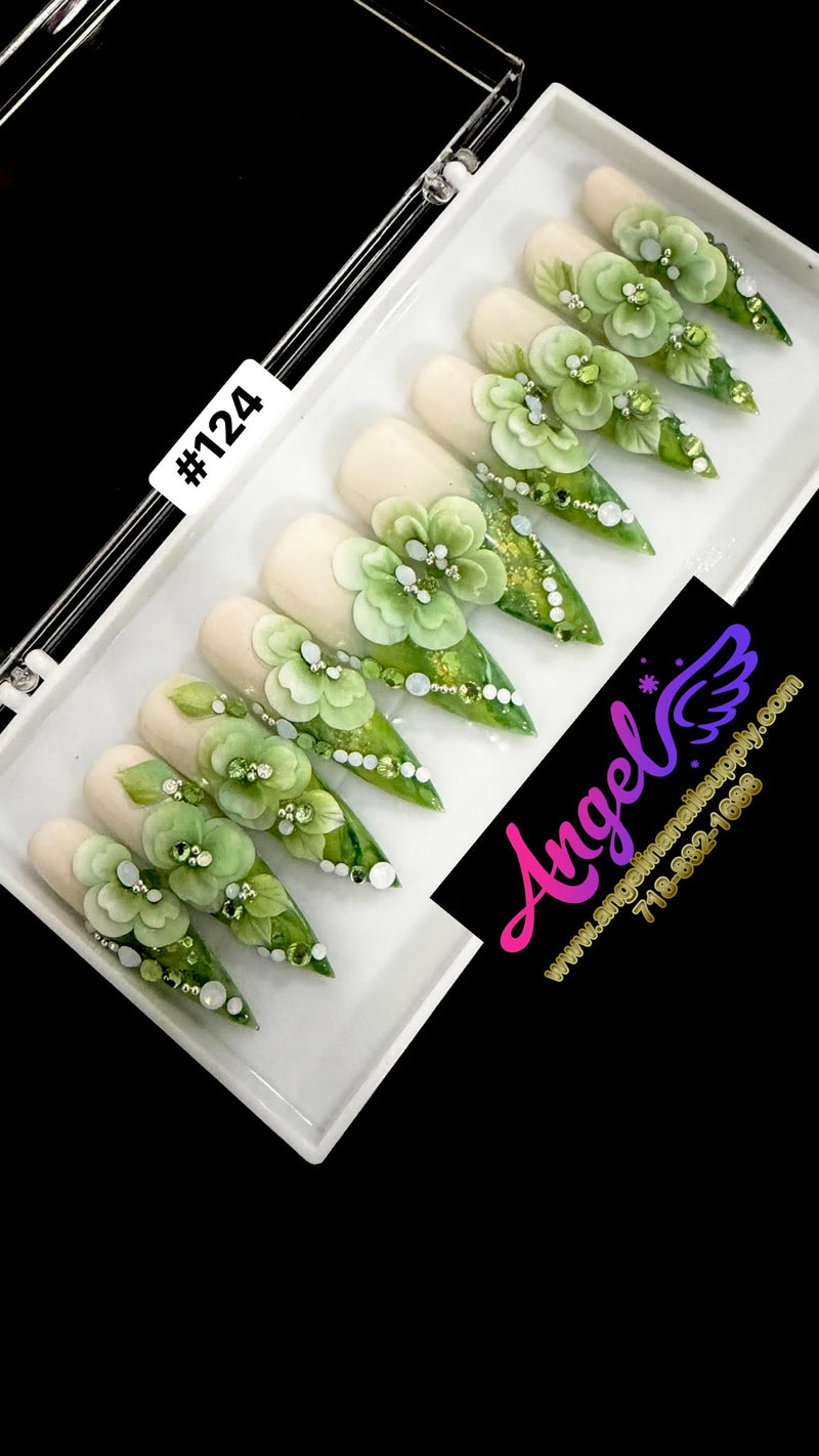 Angelina Handmade Custom Press-On Long Nail Design #124 - Jade Garden