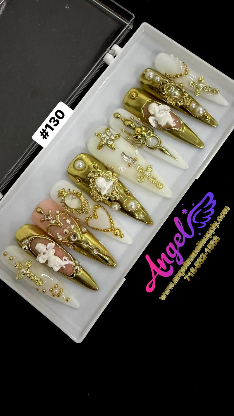 Angelina Handmade Custom Press-On Long Nail Design #130 - Golden Sanctuary