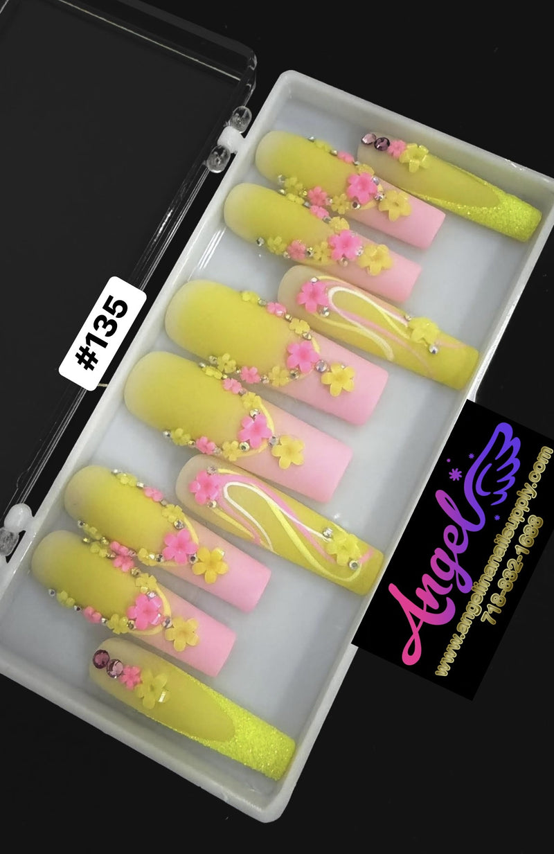 Angelina Handmade Custom Press-On Long Nail Design #135 - Malibu Bloom