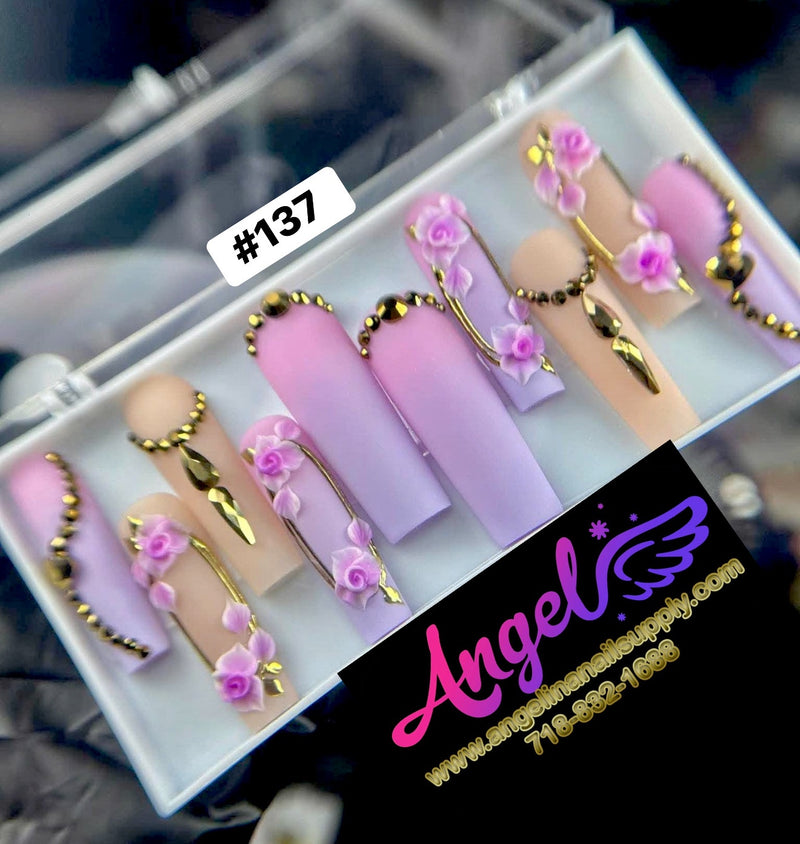 Angelina Handmade Custom Press-On Long Nail Design #137 - Lavender Rose