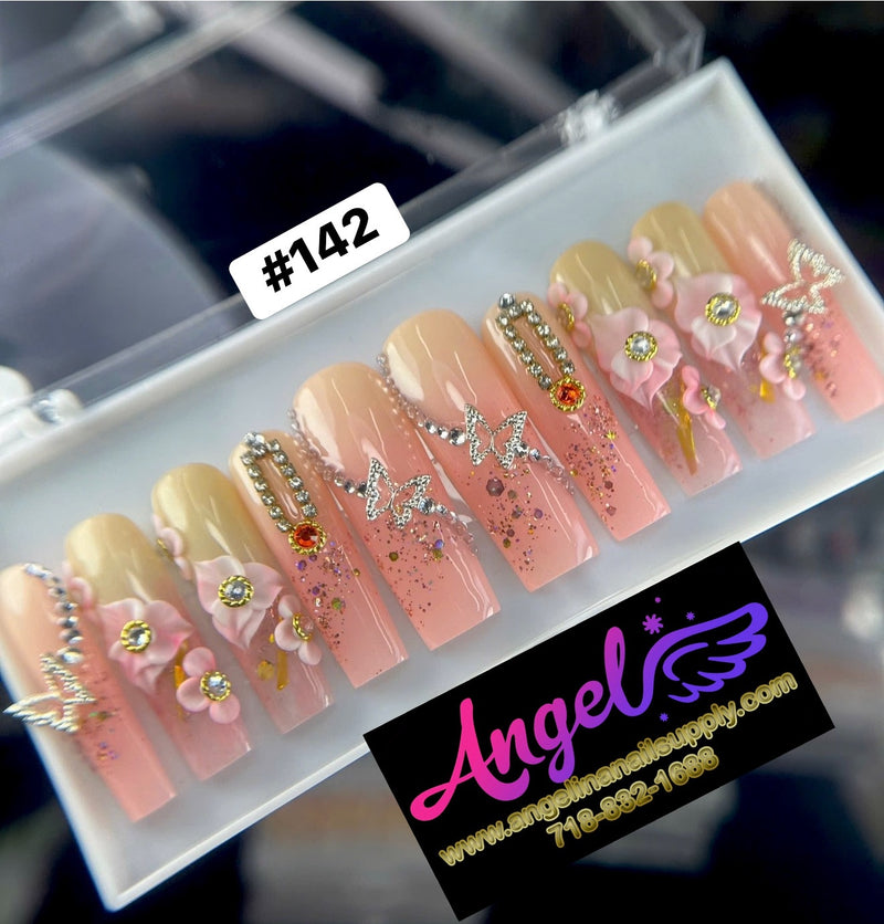 Angelina Handmade Custom Press-On Long Nail Design #142 - Blush Blossom Butterfly