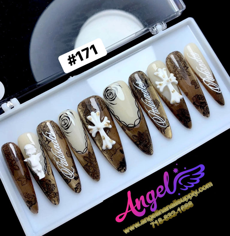 Angelina Handmade Custom Press-On Long Nail Design #171 - Victorian Elegance