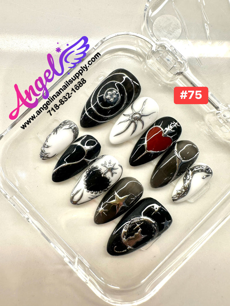 Angelina Handmade Custom Press-On Nails #060-#089 Christmas Red Glitter, Snowflake Holiday Design, Winter Press-On Nail Set