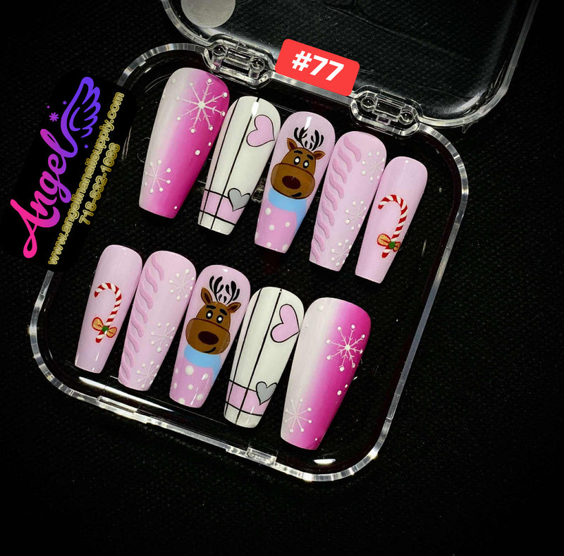 Angelina Handmade Custom Press-On Nails #060-#089 Christmas Red Glitter, Snowflake Holiday Design, Winter Press-On Nail Set