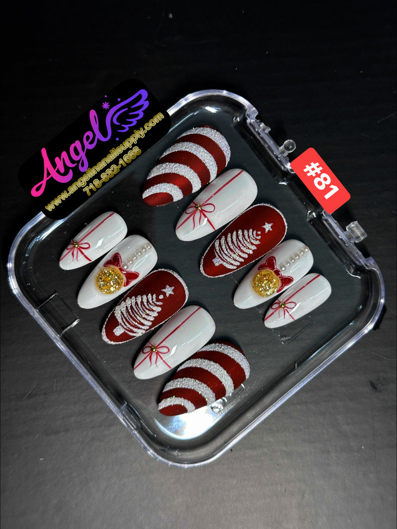 Angelina Handmade Custom Press-On Nails #060-#089 Christmas Red Glitter, Snowflake Holiday Design, Winter Press-On Nail Set