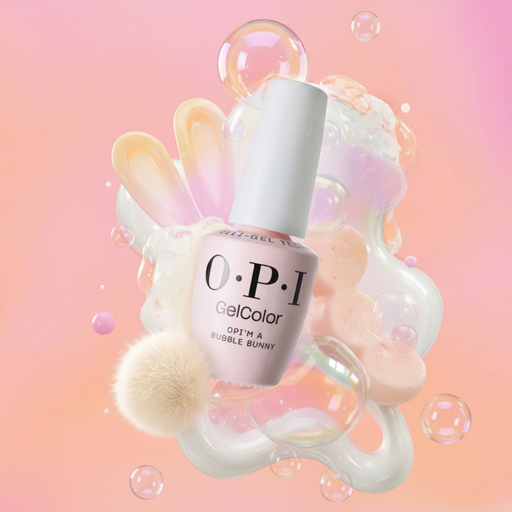 OPI gel color nail polish bottle with a decorative brush on a pastel background