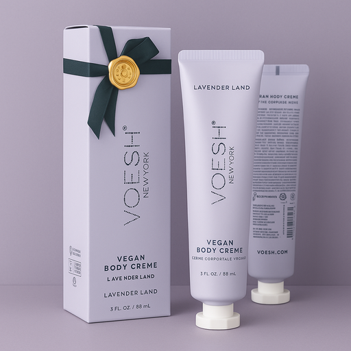 VOESH Vegan Body Creme with packaging on a purple background