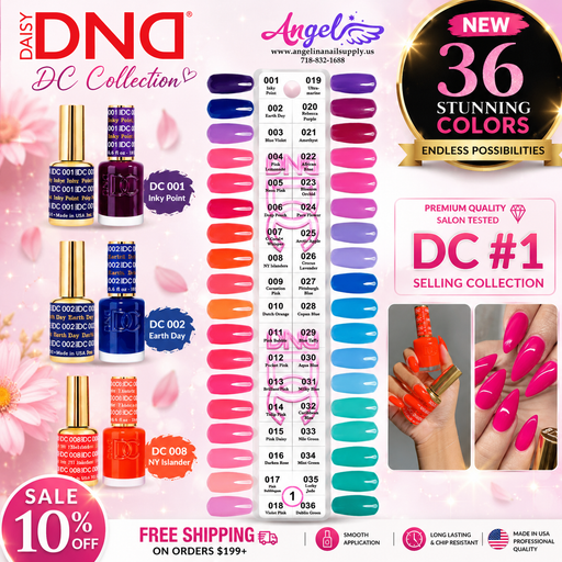 Daisy DND DC Collection nail polish with color swatches and promotional text on a floral background