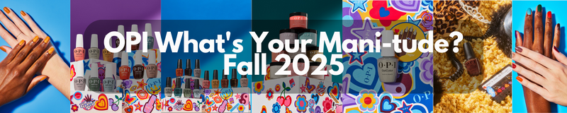 Promotional banner for OPI fall 2025 nail polish collection with colorful bottles and text.