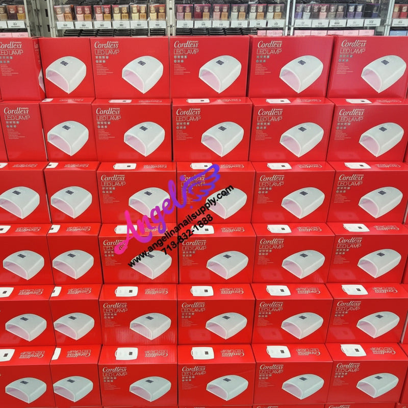 Stack of red and white boxes with a brand logo on a gray floor.