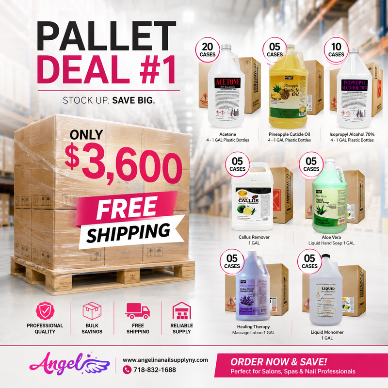 Pallet Deal #1 Angel Mix Products: Acetone, Alcohol, Cuticle Oil, Liquid Monomer, Callus Remover, Hand Soap, Lavender Lotion Aloe Vera Lotion