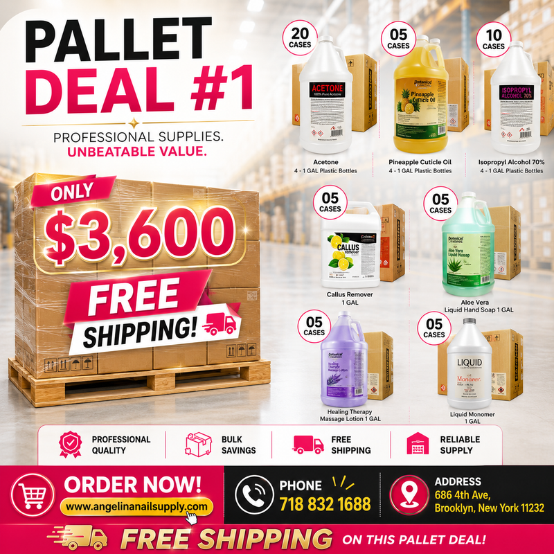 Pallet Deal #1 Angel Mix Products: Acetone, Alcohol, Cuticle Oil, Liquid Monomer, Callus Remover, Hand Soap, Lavender Lotion Aloe Vera Lotion